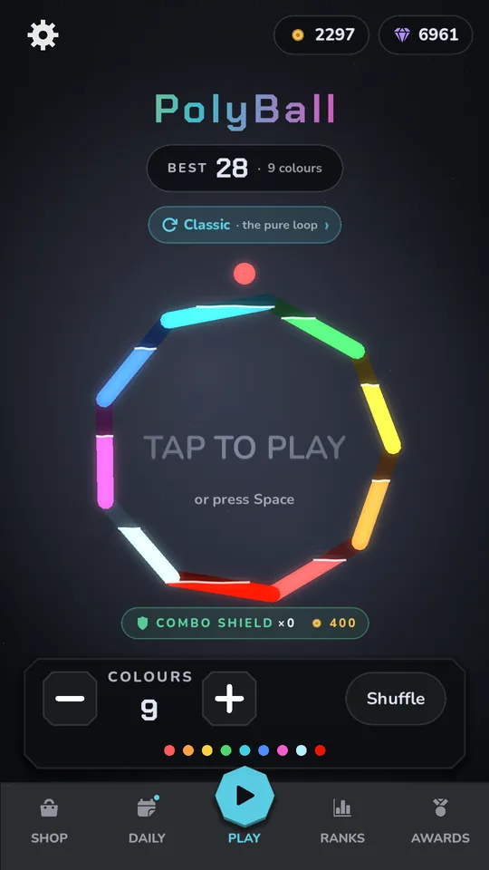The PolyBall home screen with the ring and mode select